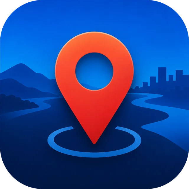 App-Icon von IKAS: roter Standort-Pin über einer Landschaft mit Fluss und Stadt