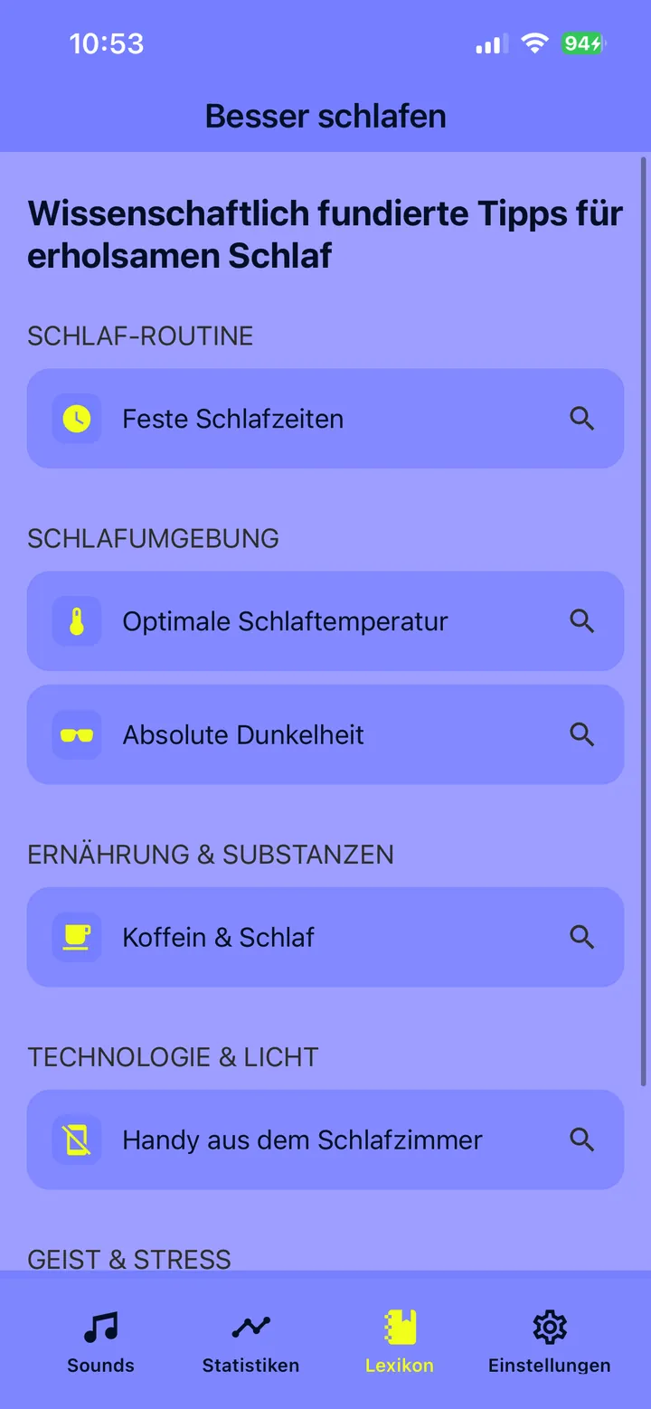 Screenshot: Schlaf-Lexikon in SleepyNoise mit Tipps zu Schlafroutine, Schlafumgebung und Koffein